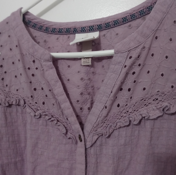 Knox Rose lilac short Balloon Sleeve Button Down peek a boo Floral Ruffle blouse - Picture 5 of 11